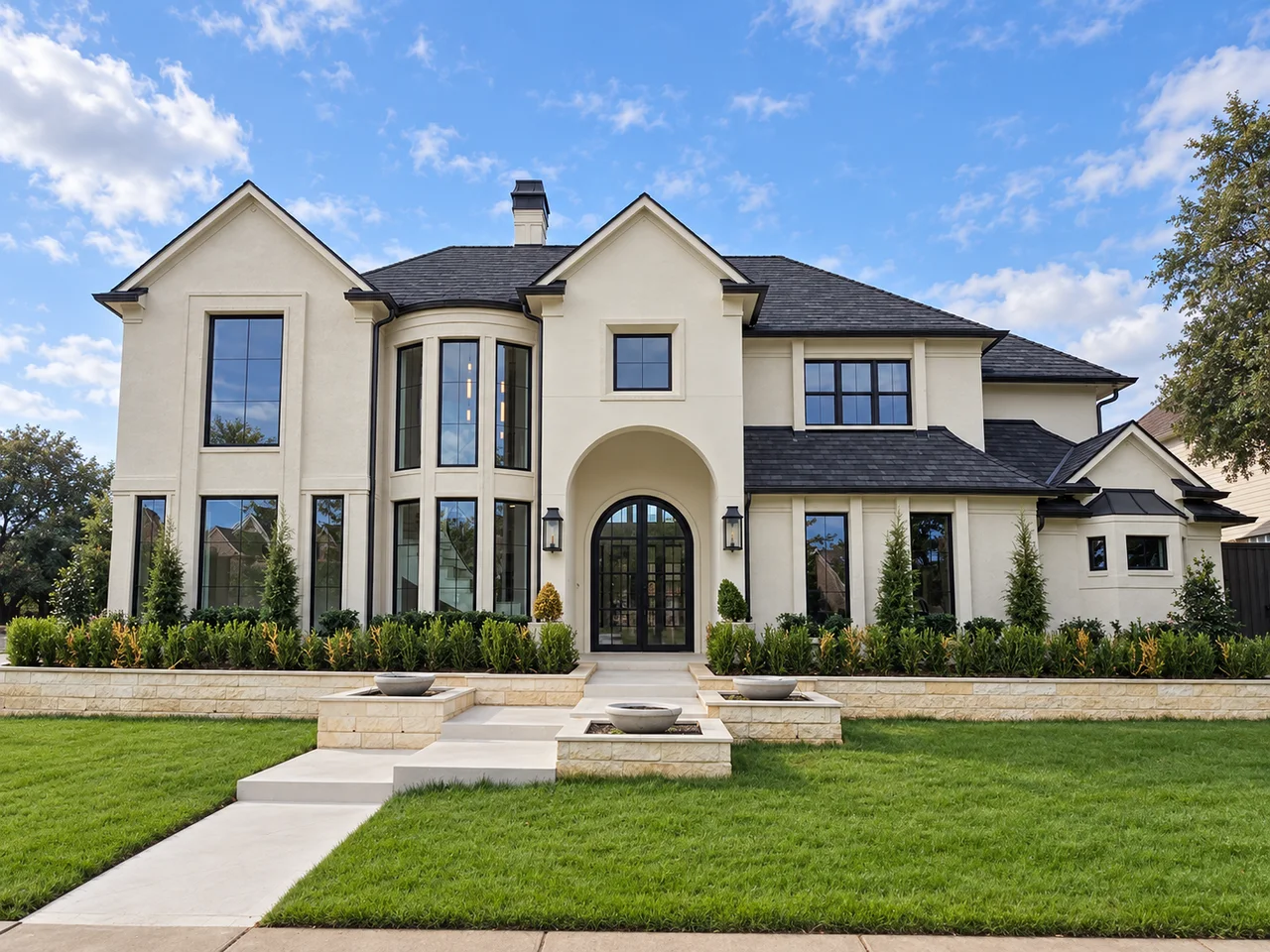 Cream two-story home with black Advent windows, viewed from the front